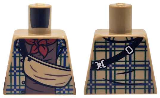 Torso Plaid Shirt Open with Blue Lines, Shoulder Bag with Black Strap, Reddish Brown Undershirt and Dark Red Scarf Pattern