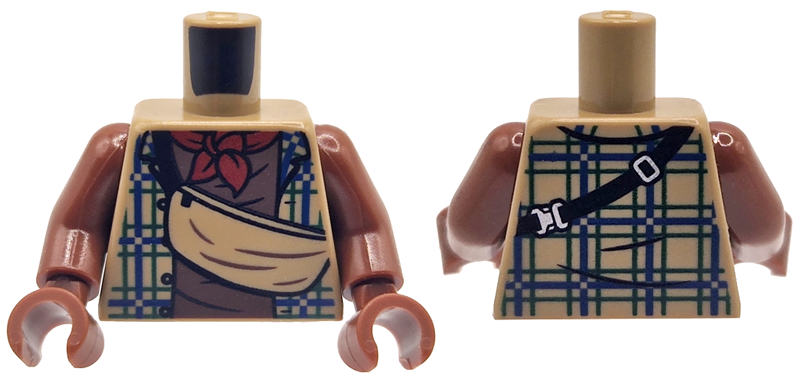 Torso Plaid Shirt Open with Blue Lines, Shoulder Bag with Black Strap, Reddish Brown Undershirt and Dark Red Scarf Pattern / Reddish Brown Arms / Reddish Brown Hands