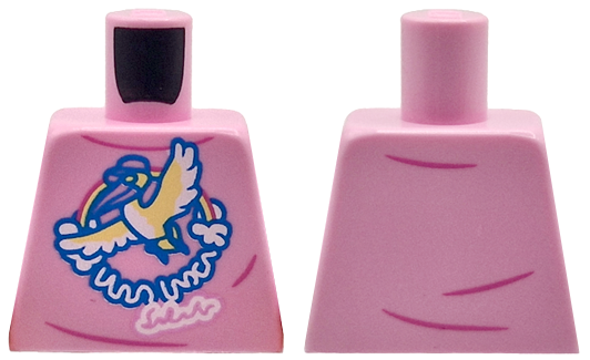 Torso Female Shirt with Blue, Yellow and White Bird, Rainbow, and Writing, Dark Pink Creases Pattern