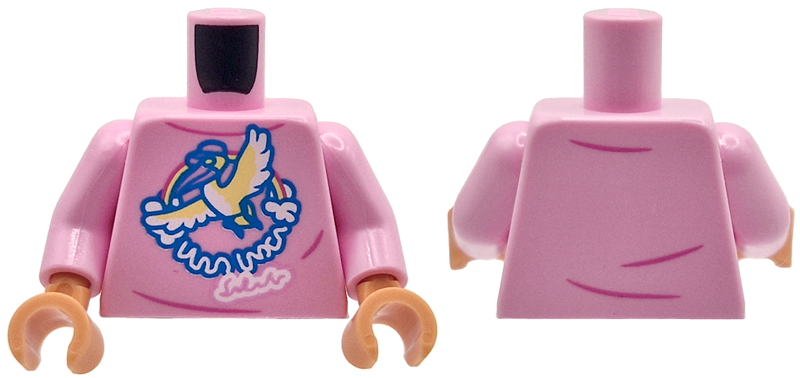 Torso Female Shirt with Blue, Yellow and White Bird, Rainbow, and Writing, Dark Pink Creases Pattern / Bright Pink Arms / Nougat Hands