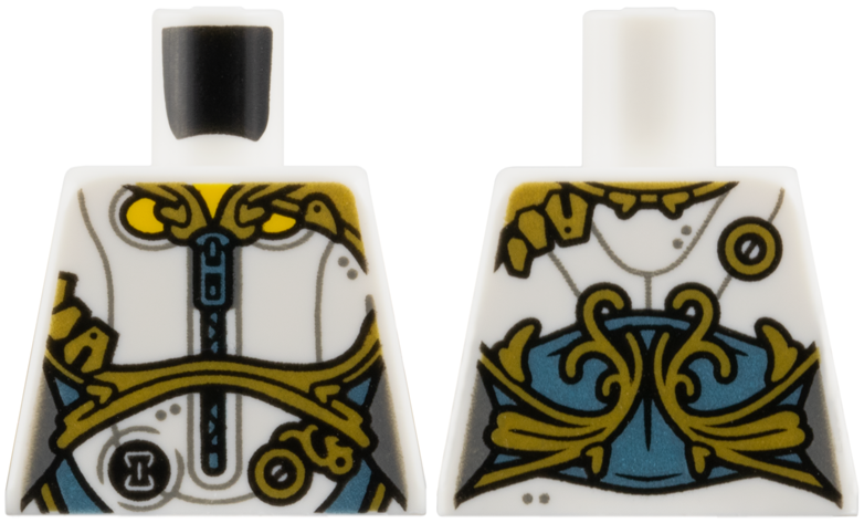 Torso Female Jumpsuit, Metallic Light Blue Zipper and Waist, Gold Trim Pattern