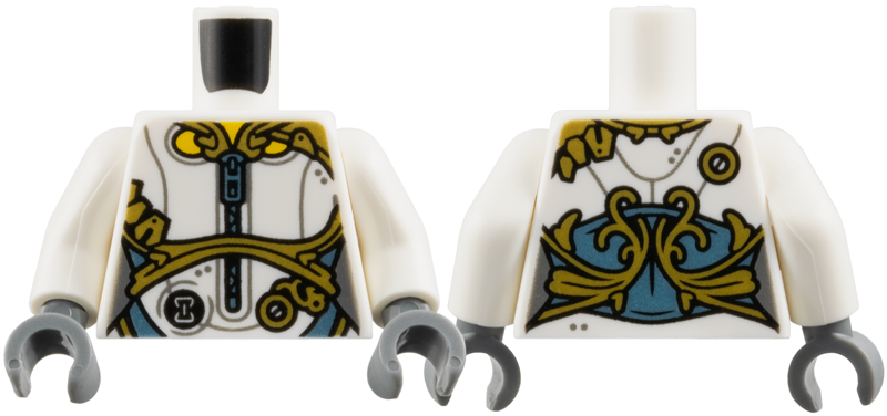 Torso Female Jumpsuit, Metallic Light Blue Zipper and Waist, Gold Trim Pattern / White Arms / Dark Bluish Gray Hands