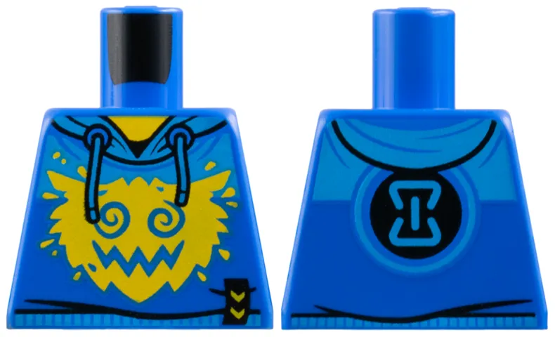Torso Hoodie with Dark Azure Shoulders, Hood and Waistband, Yellow Neck and Creature Face, Hourglass on Back Pattern