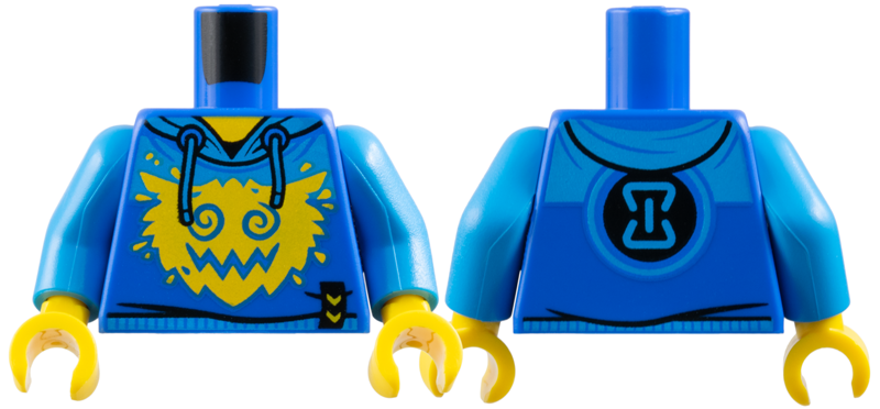 Torso Hoodie with Dark Azure Shoulders, Hood and Waistband, Yellow Neck and Creature Face, Hourglass on Back Pattern / Dark Azure Arms / Yellow Hands