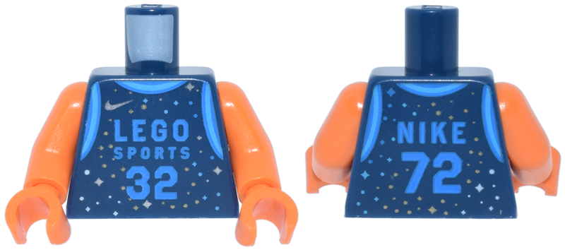 Torso Basketball Uniform with Dark Azure 'LEGO SPORTS 32' and 'NIKE 72' and Silver and Gold Sparkles and Swoosh Logo Pattern / Orange Arms / Orange Hands