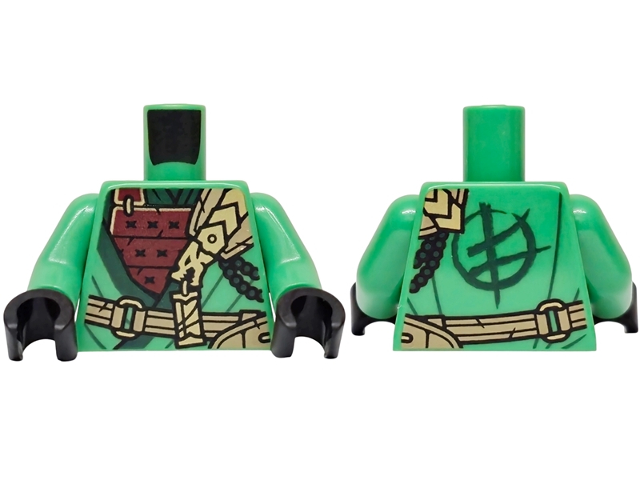 Torso Tunic with Dark Green Hems, Dark Red Shirt, Dark Tan Strap, Gold Dragon Head, Ninjago Logogram Letter L on Back Pattern / Bright Green Arms / Black Hands