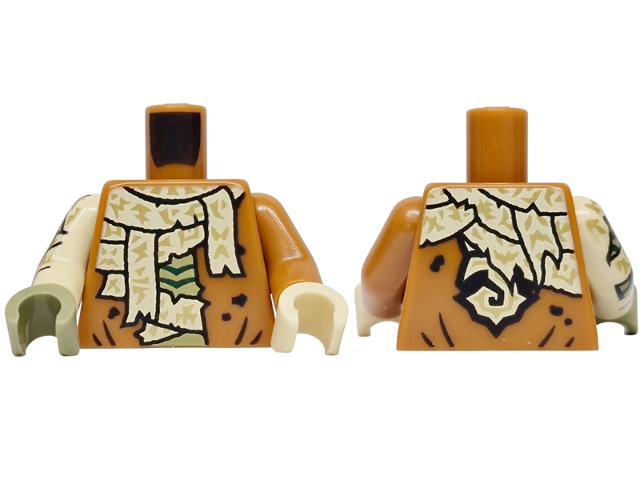 Torso Shirt Open with Black Splotches and Creases, Olive Green Stomach, Tattered Tan Wrappings with Gold Highlights Pattern / Dark Orange Arm Left / Tan Arm Right with Wrappings Pattern / Tan Hand Left / Olive Green Hand Right