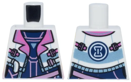 Torso Female Cropped Jacket Open with Zipper, Dark Pink Lapels and Buckles over Dark Blue and Metallic Pink Top, Hourglass on Back Pattern