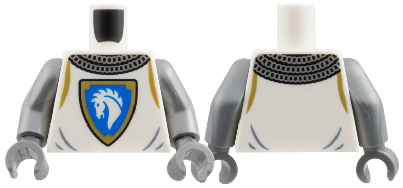 Torso Castle Surcoat, Silver Chain Mail Collar, Blue and Gold Horse Knight Shield Pattern / Flat Silver Arms / Flat Silver Hands