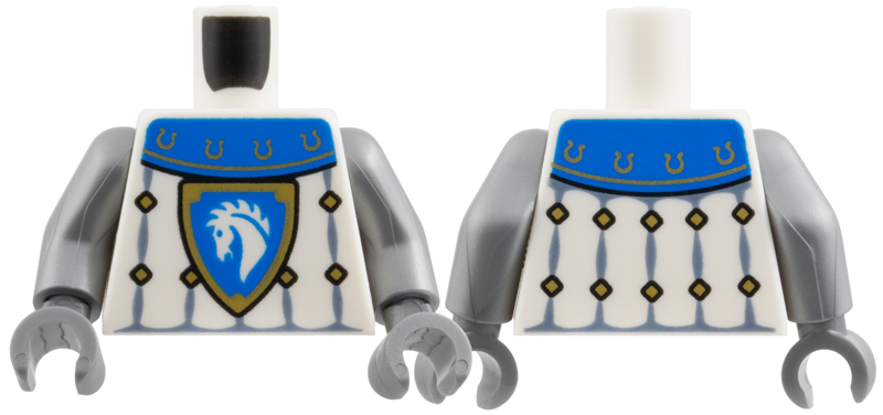 Torso Castle Surcoat, Blue Collar with Gold Horseshoes, Sand Blue Trim with Diamonds, Horse Knight Shield Pattern / Flat Silver Arms / Flat Silver Hands