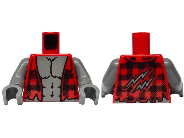 Torso Torn Flannel Shirt Open, Black Plaid, Dark Bluish Gray Bare Chest with Fur and Muscles Outline Pattern / Dark Bluish Gray Arms / Dark Bluish Gray Hands