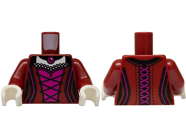 Torso Female Dress Bodice, Black Trim and Laces, Magenta Panel, White Neck Pattern / Dark Red Arms / White Hands