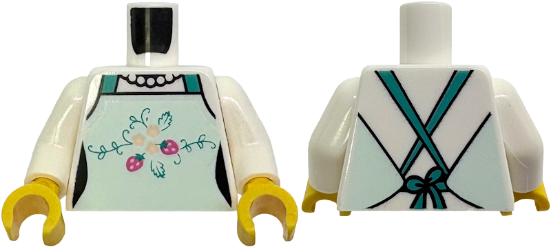 Torso Female Light Aqua Apron with Leaves, Light Nougat Flowers and Dark Pink Strawberries, Dark Turquoise Straps, Beaded Necklace Pattern / White Arms / Yellow Hands