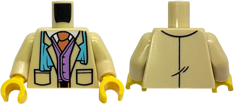 Torso Suit Jacket Open with Pockets, Medium Azure Scarf, Medium Lavender Vest, White Shirt, Orange Belt and Tie with Polka Dots Pattern / Tan Arms / Yellow Hands