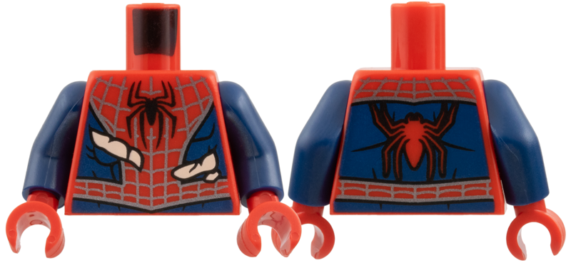 Torso Spider-Man Costume, Black Spider, Silver Webbing, Dark Blue Side Panels, Light Nougat Skin Behind Tears Pattern / Dark Blue Arms / Red Hands