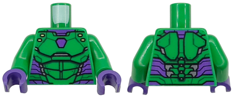 Torso Dark Purple and Silver Armor, Black Outlines and Lime Marks Pattern / Green Arms / Dark Purple Hands
