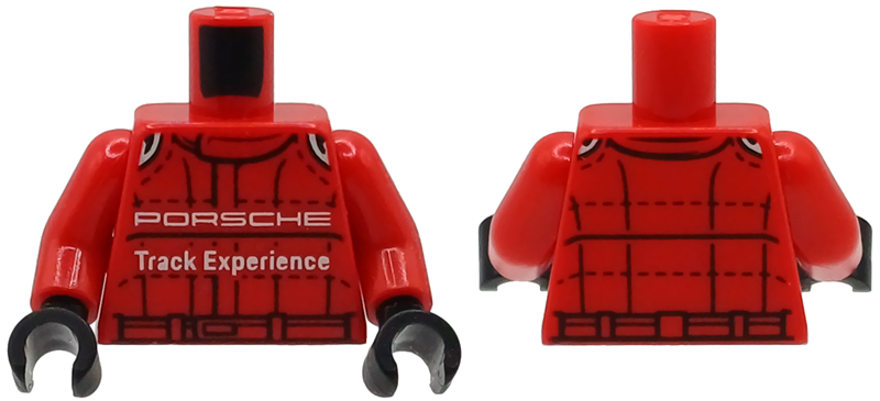 Torso Racing Suit with Black Stitching, Silver Shoulder Trim and White 'PORSCHE Track Experience' Pattern / Red Arms / Black Hands