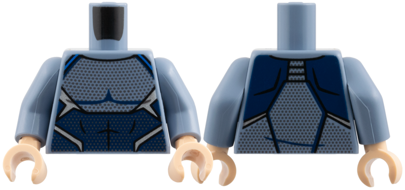 Torso Body Suit over Muscles Outline, Dark Blue Abdomen Panel, Blue Trim, Silver Mesh Dots Pattern / Sand Blue Arms / Light Nougat Hands