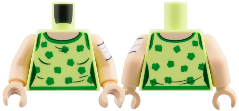 Torso Female Tank Top, Light Nougat Neck, Green Hems and Shamrocks Pattern / Light Nougat Arm Left with White Bandage Pattern / Light Nougat Arm Right / Light Nougat Hands