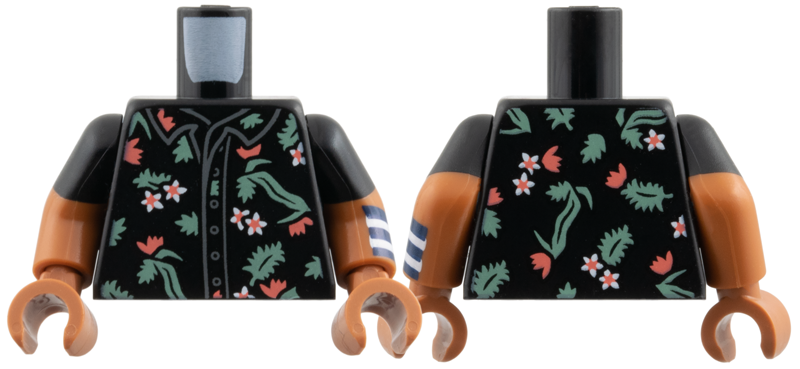 Torso Button Up Shirt with White and Coral Flowers, Sand Green Leaves Pattern / Sienna Arm Left with Molded Black Short Sleeve and Printed Dark Blue and White Wristband Pattern / Sienna Arm Right with Molded Black Short Sleeve Pattern / Sienna Hands