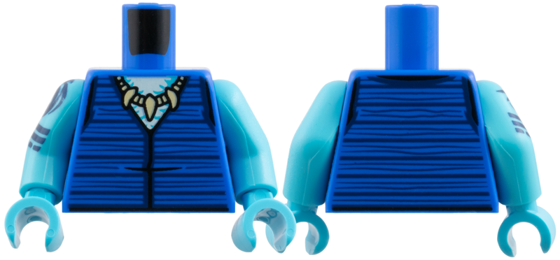 Torso Vest with Dark Blue Stripes, Medium Azure and White Neck, Tan Shark Tooth Necklace Pattern / Medium Azure Arm Left / Medium Azure Arm Right with Dark Blue Arlong Tattoo and Stripes Pattern / Medium Azure Hands