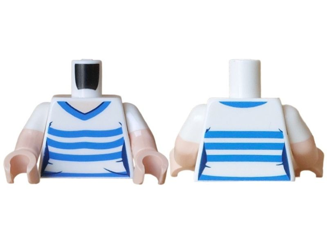 Torso Female T-Shirt, Light Nougat Neck, Blue Collar and Stripes Pattern / Light Nougat Arms with Molded White Short Sleeves / Light Nougat Hands