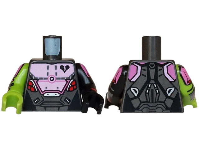 Torso Armor with Bright Pink and Silver Breastplate, Black Broken Heart, Dark Pink Shoulders, Red Bullets Pattern / Black Arm Left with Dark Pink Shoulder, Silver Armor Pattern / Lime Arm Right with Dark Pink Shoulder, Silver Armor Pattern / Black Hand Left / Lime Hand Right