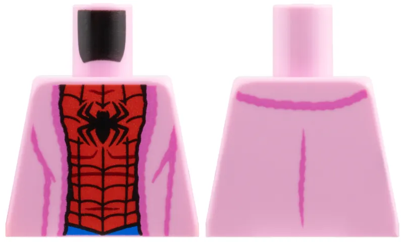 Torso Bathrobe with Dark Pink Hem and Creases, Red and Blue Spider-Man Costume, Black Spider and Webbing Pattern