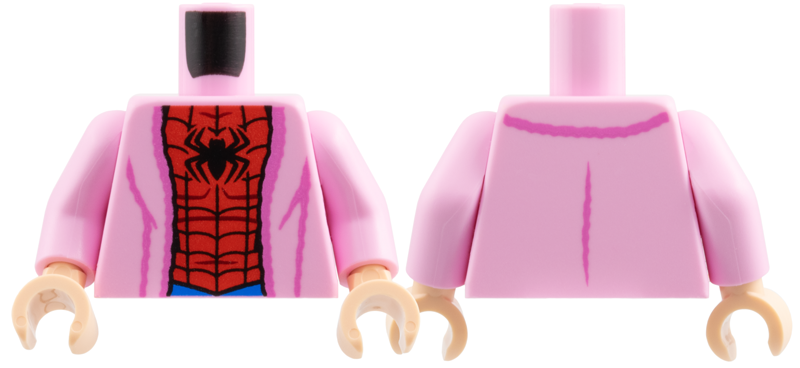 Torso Bathrobe with Dark Pink Hem and Creases, Red and Blue Spider-Man Costume, Black Spider and Webbing Pattern / Bright Pink Arms / Light Nougat Hands