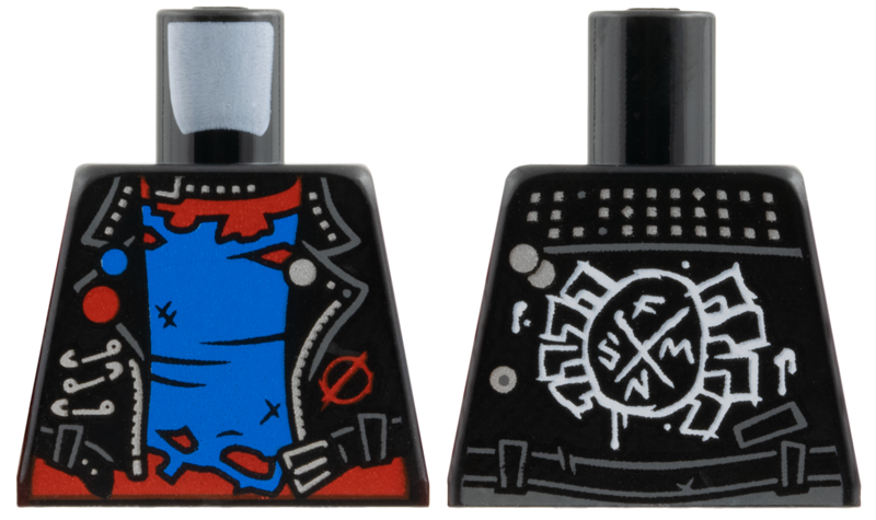 Torso Biker Vest, Silver Trim, Belt Buckle and Safety Pins, Tattered Blue Shirt over Red Chest, Painted White Spider on Back Pattern