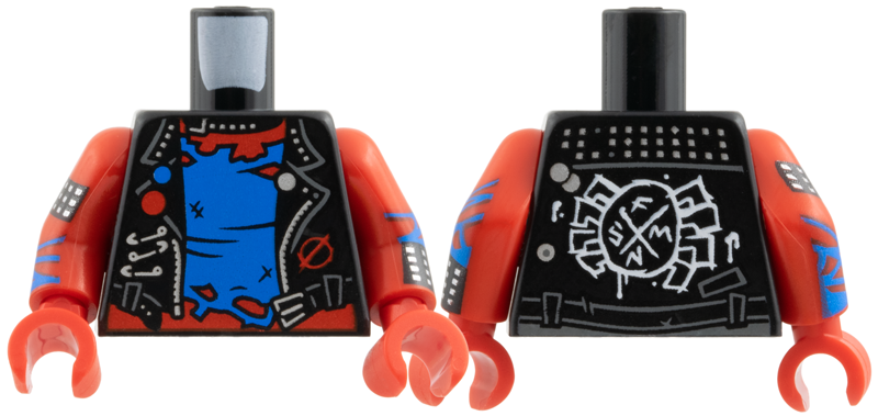 Torso Biker Vest, Silver Trim, Belt Buckle and Safety Pins, Tattered Blue Shirt over Red Chest, Painted White Spider on Back Pattern / Red Arms with Blue Zigzags, Black Cuff with Silver Studs Pattern / Red Hands