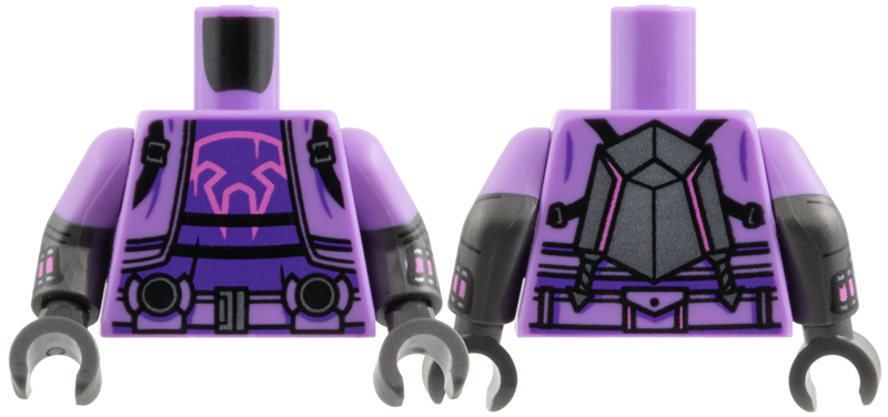 Torso Jacket, Black Straps, Dark Purple Shirt, Dark Pink Cat Skull Outline, Dark Silver Belt Buckle and Panel on Back Pattern / Pearl Dark Gray Arms with Molded Lavender Short Sleeves and Printed Dark Silver Web Slingers Pattern / Pearl Dark Gray Hands
