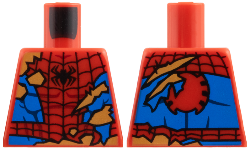 Torso Spider-Man Costume Tattered, Black Spider and Webbing, Blue Side Panels, Medium Nougat Fur Behind Rips and Tears Pattern