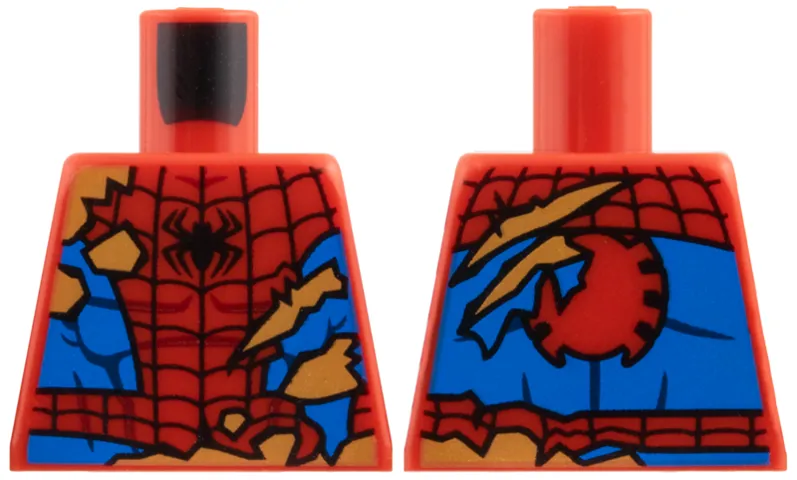 Torso Spider-Man Costume Tattered, Black Spider and Webbing, Blue Side Panels, Medium Nougat Fur Behind Rips and Tears Pattern