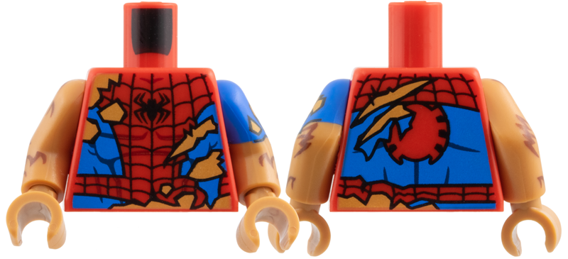 Torso Spider-Man Costume Tattered, Black Spider and Webbing, Blue Side Panels, Medium Nougat Fur Behind Rips and Tears Pattern / Medium Nougat Arm with Molded Blue Short Sleeve and Printed Tear and Reddish Brown Fur Pattern Left / Medium Nougat Arm with Reddish Brown Fur Pattern Right / Medium Nougat Hands