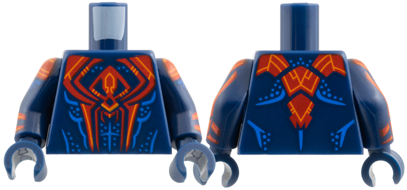 Torso Large Red Spider, Orange Trim, Blue Muscle Contours and Dots Pattern / Dark Blue Arms with Red Pauldron, Cuff, and Stripe, Orange Trim and Blue Dots Pattern / Dark Blue Hands