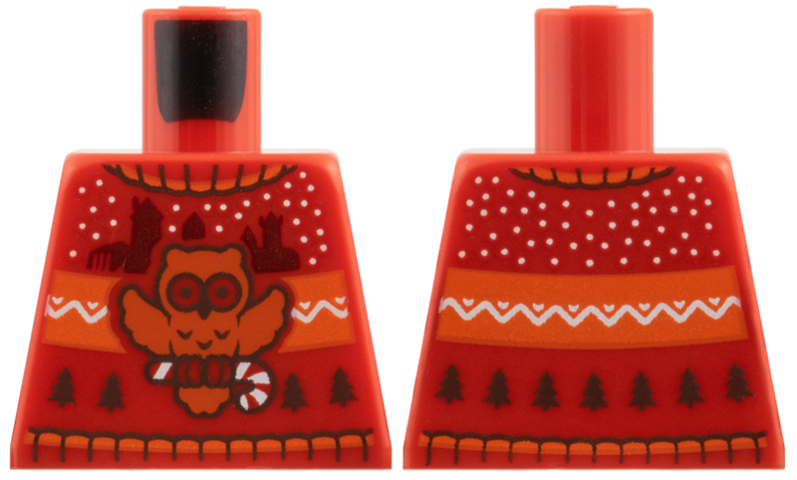 Torso Knit Fair Isle Holiday Sweater with Dark Orange Owl with Candy Cane, Castle Silhouettes and Christmas Trees Pattern