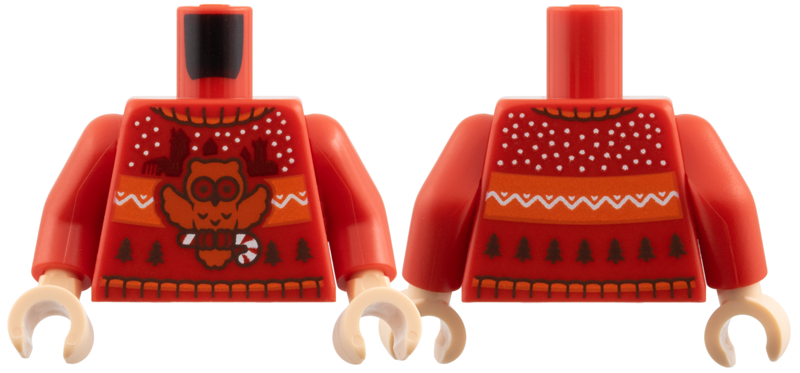 Torso Knit Fair Isle Holiday Sweater with Dark Orange Owl with Candy Cane, Castle Silhouettes and Christmas Trees Pattern / Red Arms / Light Nougat Hands