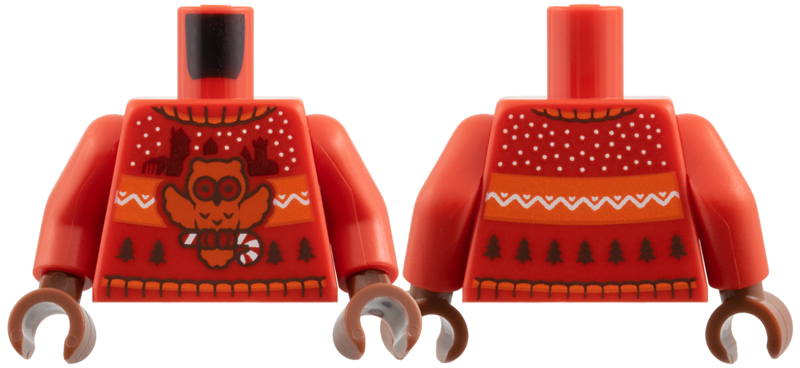 Torso Knit Fair Isle Holiday Sweater with Dark Orange Owl with Candy Cane, Castle Silhouettes and Christmas Trees Pattern / Red Arms / Reddish Brown Hands