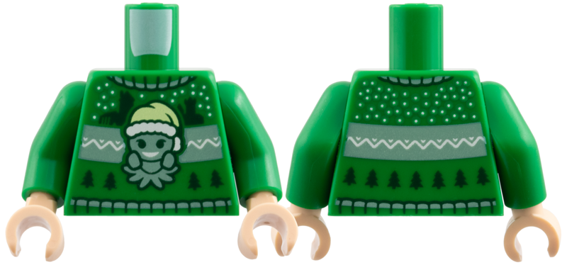 Torso Knit Fair Isle Holiday Sweater with Sand Green Grindylow with Santa Hat, Castle Silhouettes and Christmas Trees Pattern / Green Arms / Light Nougat Hands