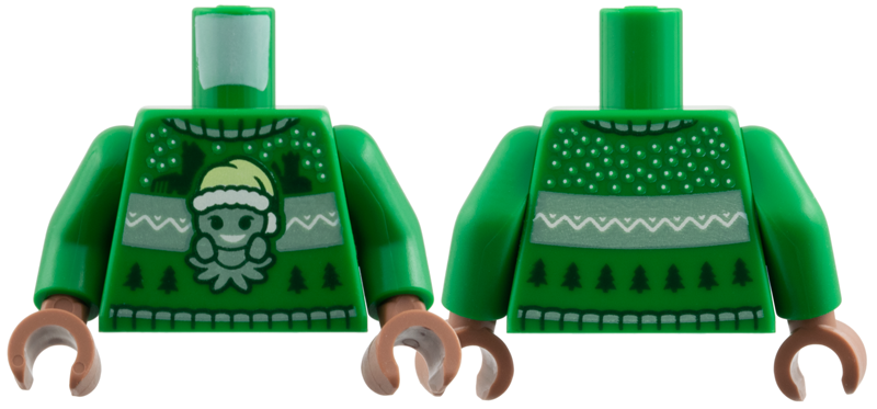 Torso Knit Fair Isle Holiday Sweater with Sand Green Grindylow with Santa Hat, Castle Silhouettes and Christmas Trees Pattern / Green Arms / Medium Brown Hands