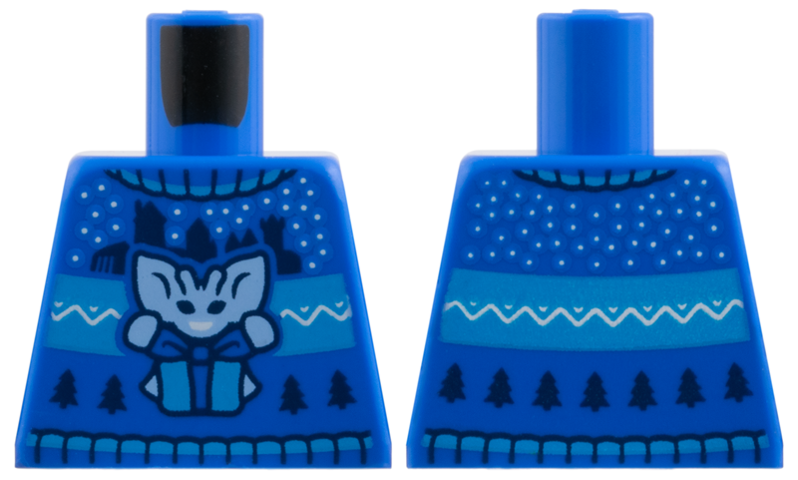 Torso Knit Fair Isle Holiday Sweater with Bright Light Blue Cornish Pixie with Present / Gift, Castle Silhouettes and Christmas Trees Pattern