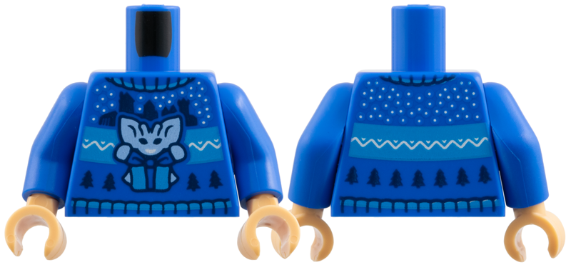 Torso Knit Fair Isle Holiday Sweater with Bright Light Blue Cornish Pixie with Present / Gift, Castle Silhouettes and Christmas Trees Pattern / Blue Arms / Medium Tan Hands