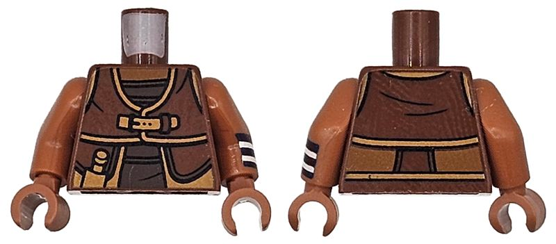 Torso Vest with Medium Nougat Trim, Pouch and Strap with Buckle over Dark Brown Shirt, Sienna Neck Pattern / Sienna Arm Left with Dark Blue and White Striped Wristband Pattern / Sienna Arm Right / Sienna Hands