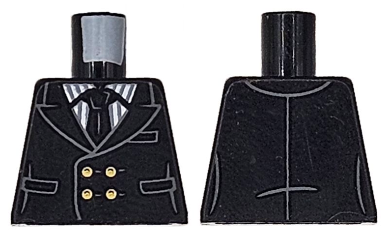 Torso Tuxedo Jacket with Pockets over White and Dark Bluish Gray Pinstripe Shirt, Tie and Gold Buttons Pattern