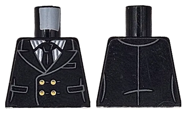 Torso Tuxedo Jacket with Pockets over White and Dark Bluish Gray Pinstripe Shirt, Tie and Gold Buttons Pattern
