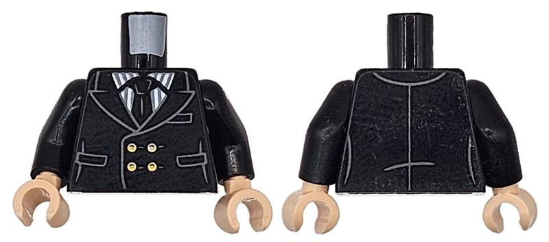 Torso Tuxedo Jacket with Pockets over White and Dark Bluish Gray Pinstripe Shirt, Tie and Gold Buttons Pattern / Black Arms / Light Nougat Hands