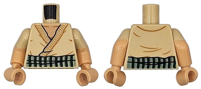 Torso Robe with Dark Tan and Black Trim and Creases, Medium Tan Neck with Collar Bones, Dark Green and Sand Green Belt Pattern / Medium Tan Arms with Molded Tan Short Sleeves Pattern / Medium Tan Hands