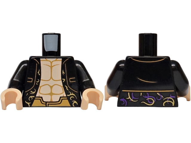 Torso Jacket Open with Gold and Dark Purple Swirls, Medium Nougat Chaps and Muscle Outline, Light Nougat Bare Chest Pattern / Black Arms / Light Nougat Hands