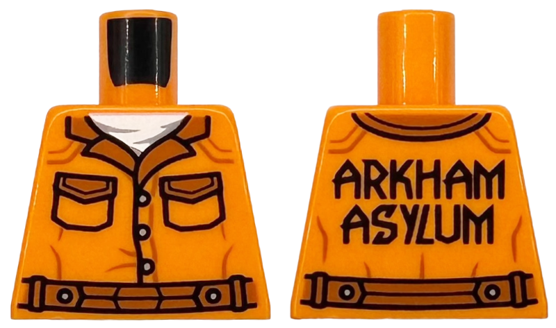 Torso Prison Jumpsuit with Dark Orange Collar, Pockets, Fold Lines, Seams and Belt, White Undershirt, Light Bluish Gray Buttons, Black 'ARKHAM ASYLUM' on Back Pattern